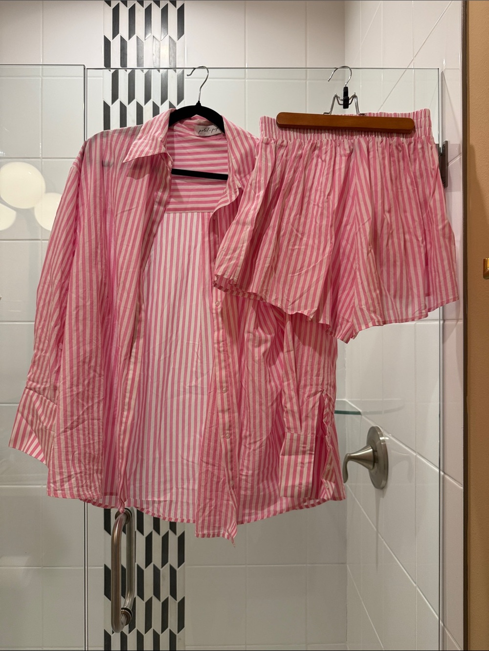 Pink Striped Button-Up Top and Shorts Set